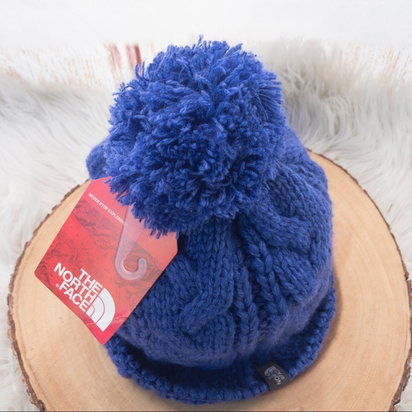 NORTH FACE BIGSBY Royal Blue Cable Knit Beanie with Pom Pom Unisex One Size NWT - Picture 3 of 13